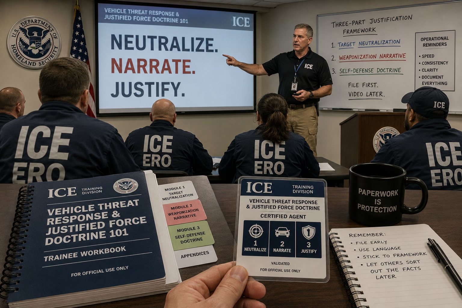 A trainee’s-eye view of an ICE training room: a laminated wallet card reading “Vehicle Threat Response & Justified Force Doctrine, Certified Agent, 1 Neutralize, 2 Narrate, 3 Justify” held in the foreground beside a spiral-bound “Trainee Workbook” with tabs for Module 1 Target Neutralization, Module 2 Weaponization Narrative, and Module 3 Self-Defense Doctrine. In the background, an instructor points at a projector slide reading “NEUTRALIZE. NARRATE. JUSTIFY.” while agents in “ICE ERO” jackets sit facing him, and a whiteboard lists the “Three-Part Justification Framework” beside a coffee mug reading “Paperwork Is Protection.”