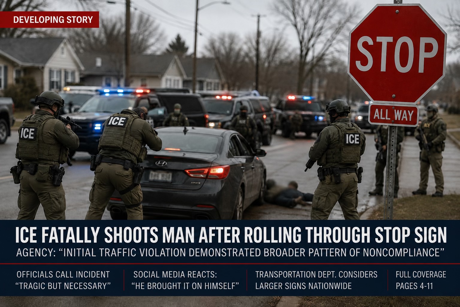 ICE Fatally Shoots Man After Rolling Through Stop Sign; Social Media Divided Over Whether He "Should Have Just Followed the Law"