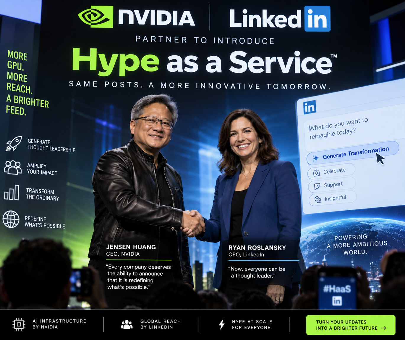 A staged product-launch keynote with Nvidia and LinkedIn logos above the words “Hype as a Service,” showing Jensen Huang and a LinkedIn executive shaking hands on stage in front of a screen reading “Generate Transformation.”