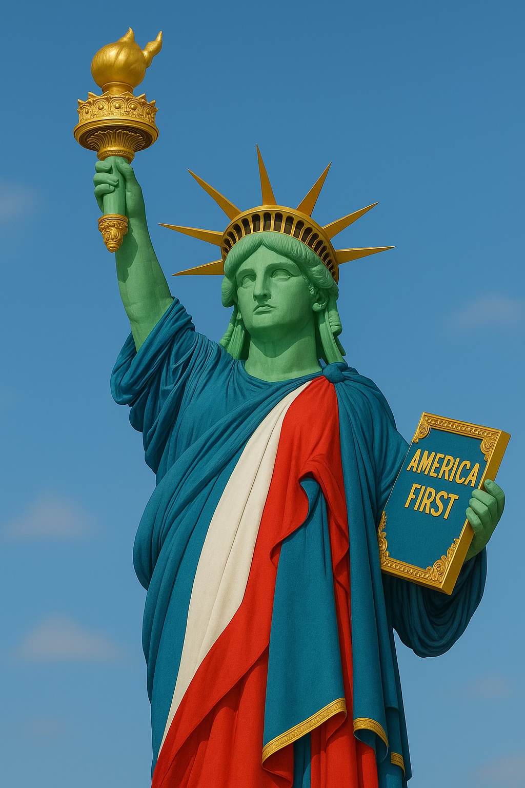 The Statue of Liberty redesigned as the “Statue of America,” her robe repainted in red, white, and blue stripes, holding a gold torch and a tablet reading “AMERICA FIRST” instead of the original inscription