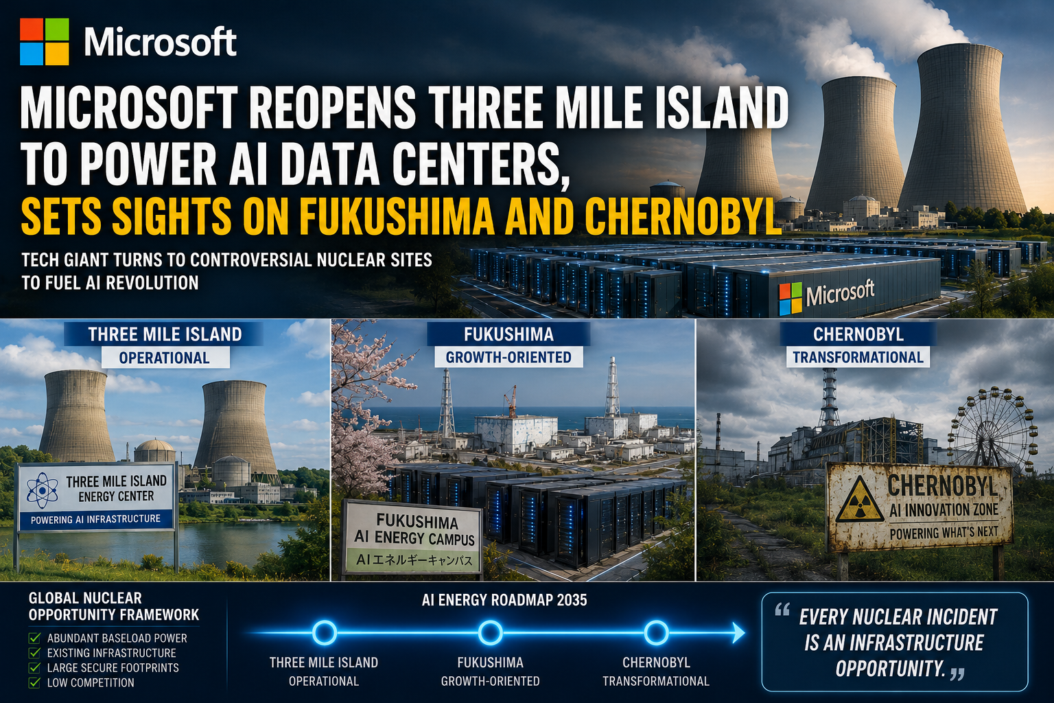 Microsoft Reopens Three Mile Island to Power AI Data Centers, Sets Sights on Fukushima and Chernobyl for Future Expansion