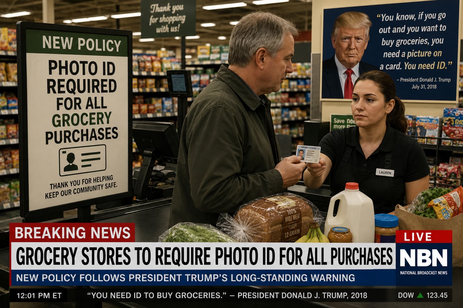 A fake breaking-news broadcast styled as “NBN, National Broadcast News”: a customer at a grocery checkout handing his driver’s license to a cashier named Lauren beside a full basket of groceries (bread, milk, bananas, peanut butter, produce), a sign reading “NEW POLICY: PHOTO ID REQUIRED FOR ALL GROCERY PURCHASES, thank you for helping keep our community safe,” and a framed quote card on the wall reading “You know, if you go out and you want to buy groceries, you need a picture on a card. You need ID.” attributed to President Donald J. Trump, July 31, 2018, with a chyron reading “GROCERY STORES TO REQUIRE PHOTO ID FOR ALL PURCHASES, new policy follows President Trump’s long-standing warning” and a ticker quoting the same 2018 line